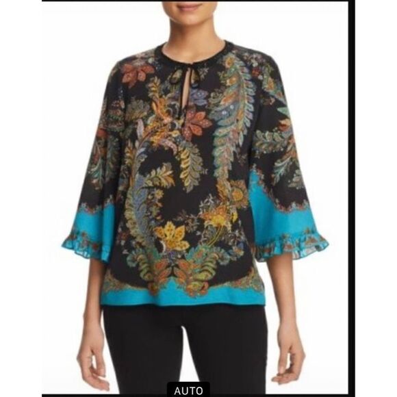 Kobi Halperin Boho Silk Blouse Multicolored, Flowing Fit, Lace Trim, EUC  Small - Picture 1 of 10